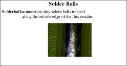 Solder balls = numerous tiny solder balls trapped along the outside edge of the flux residue 